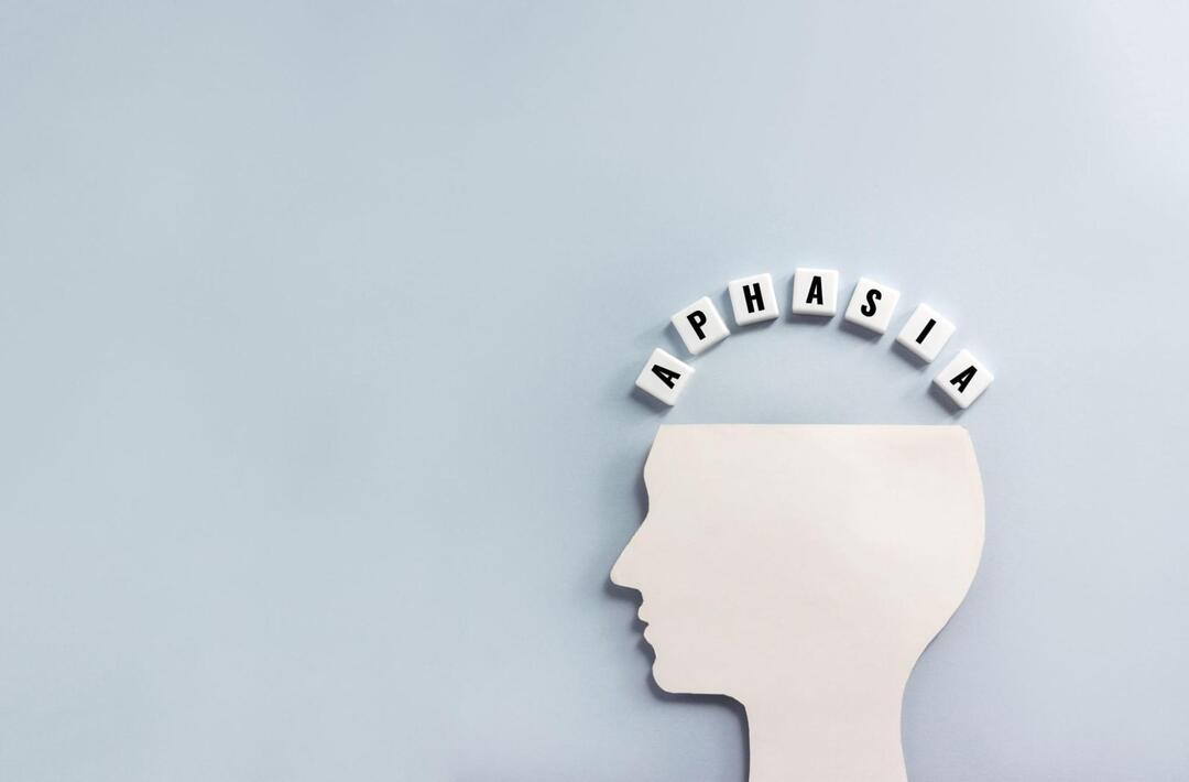 人間の横顔シルエットの頭上に、白い文字ブロックで「APHASIA（失語症）」という単語がアーチ状に並べられている