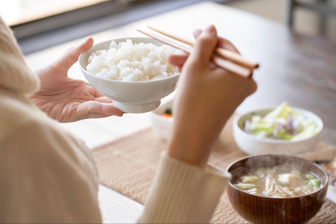 左手でお茶碗を持ち、右手の箸で白米を食べようとしている手元のアップ